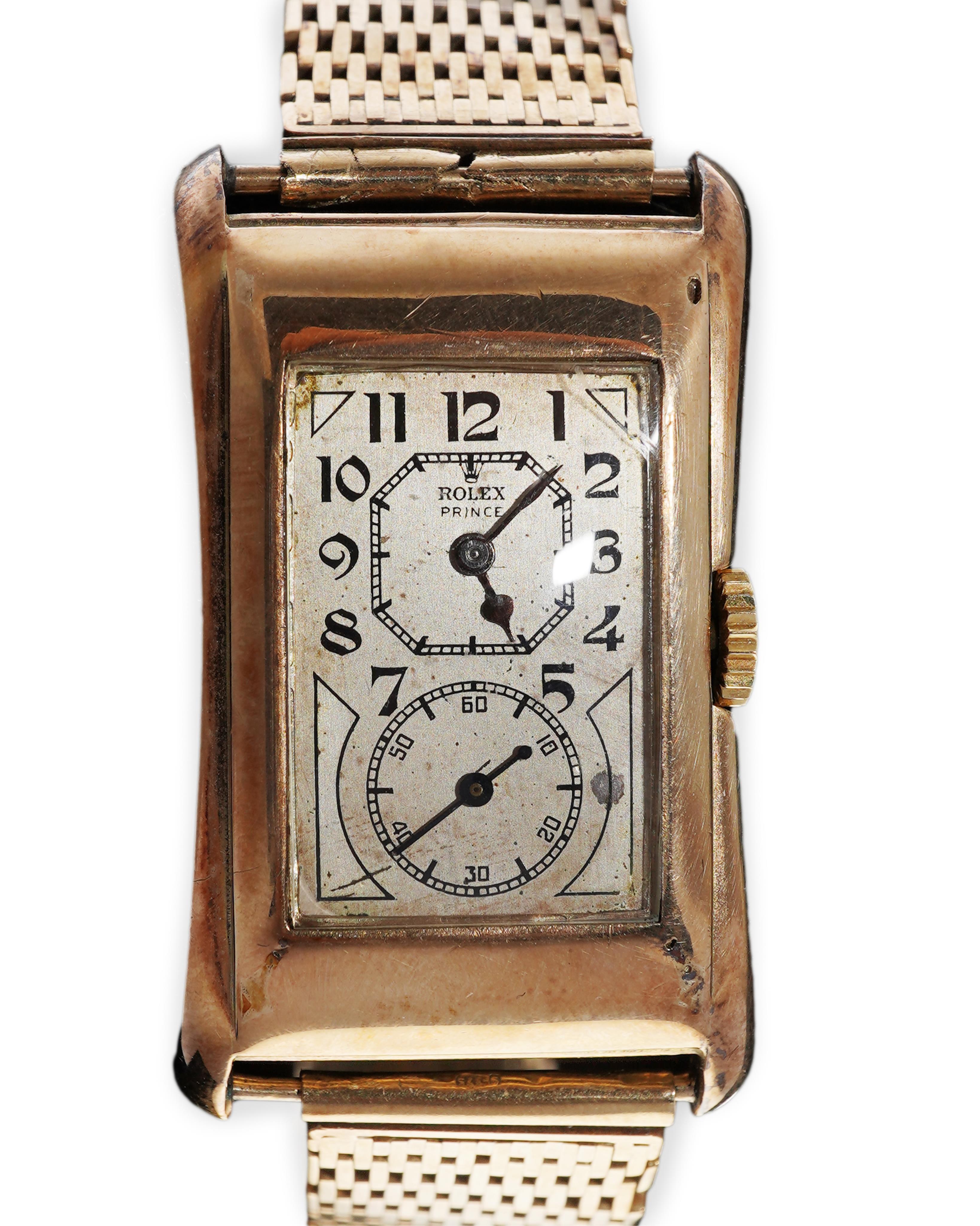 A gentleman's 1930's Rolex Prince manual wind wrist watch, on a later associated 9ct gold bracelet